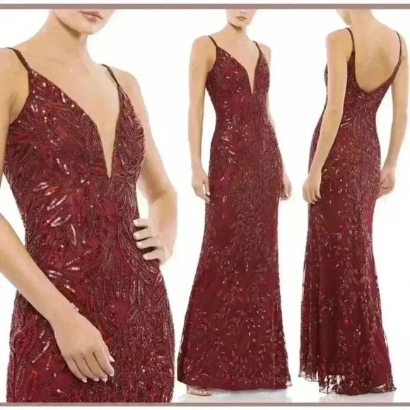 Mac Duggal Plunging V Neck Embellished Leaf Evening Gown 12 Burgundy 5107 Train - Picture 1 of 10